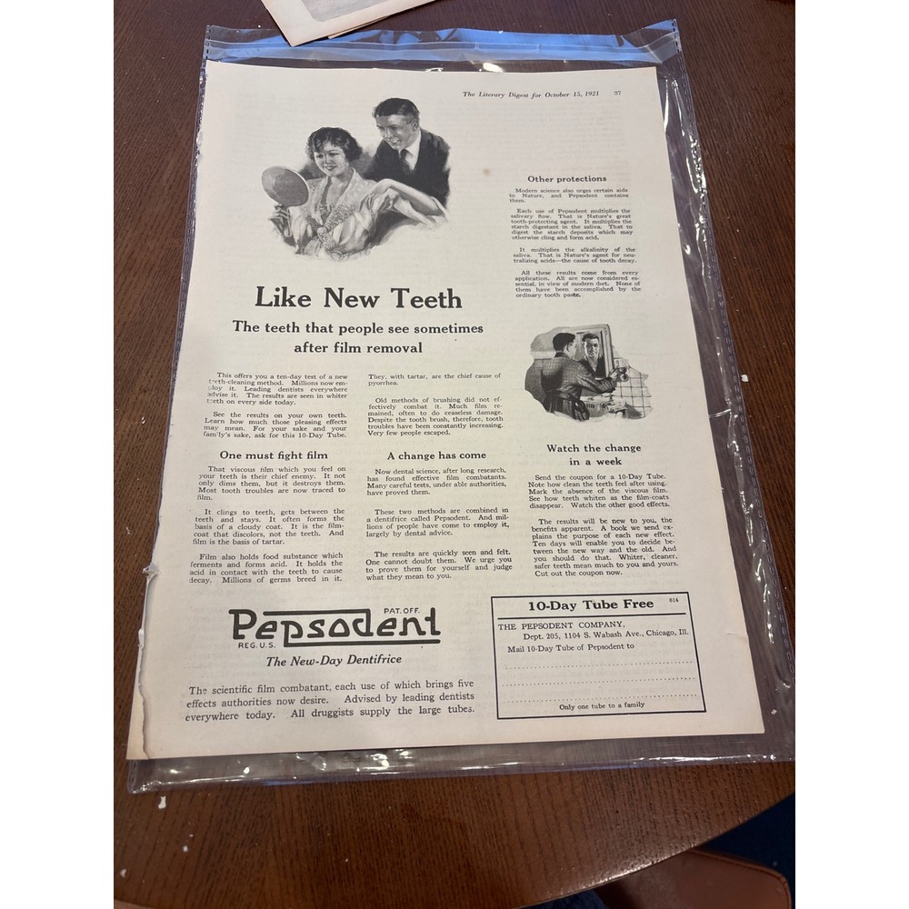 Vintage Pepsodent Print Ad 1921 Black White Antique Dental Hygiene Decor